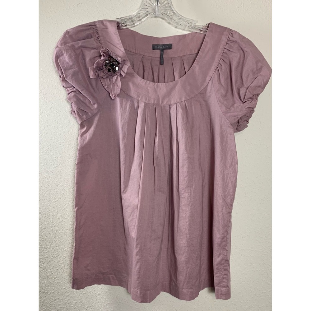Kristin Davis Mauve Pleated Scoop Neck Blouse Small  Puffy Short Sleeves‎ Fall